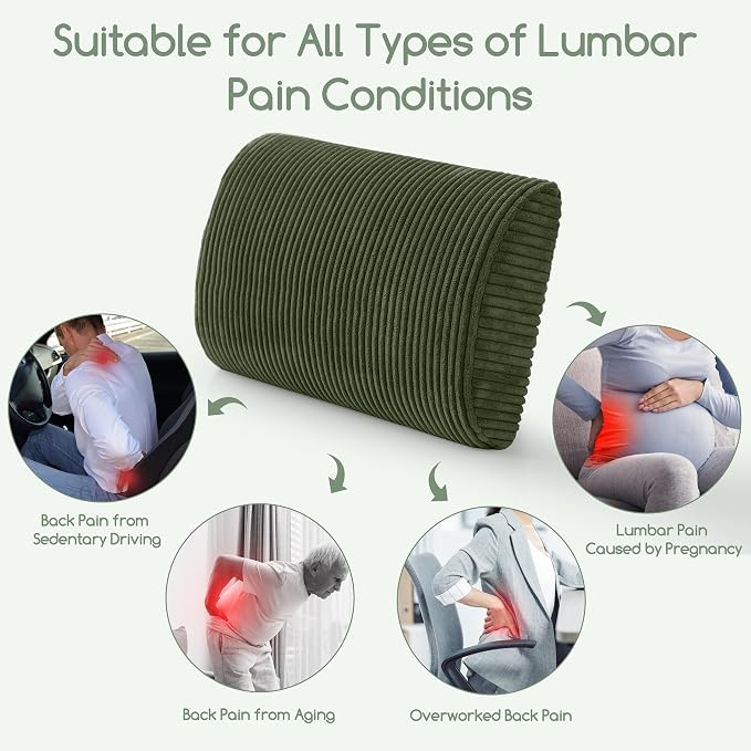 Lumbar Support Pillow for Recliner Chair/Accent Chair/Couch, Large Memory Foam Back Support Cushion for Elderly, Recliner Cushions for Back Rest, Pain Relief, Reading, Washable Cover, Dark Green