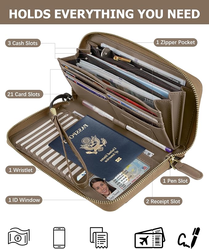 Large Travel Wallet for Women | RFID Blocking Zipper Wallet,Passport Holder Clutch with Wristlet