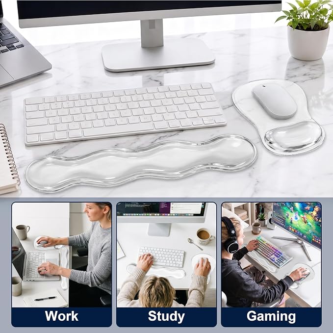 Keyboard Wrist Rest & Ergonomic Mouse Pad with Wrist Rest Set, Cute Transparent Gel Wrist Rest for Keyboard and Mouse, Soft Support for Pain Relief, Office, Gaming Desk Accessories（White）