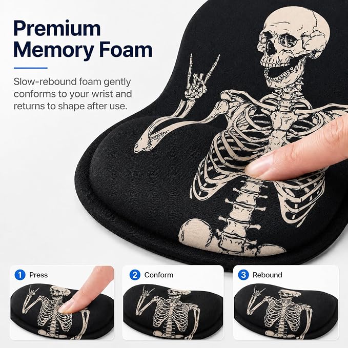 Mouse Pad with Wrist Rest Ergonomic Memory Foam Support, Non-Slip Rubber Base, Comfortable Typing Cushion for Home Office Computer Laptop, Human Skeleton