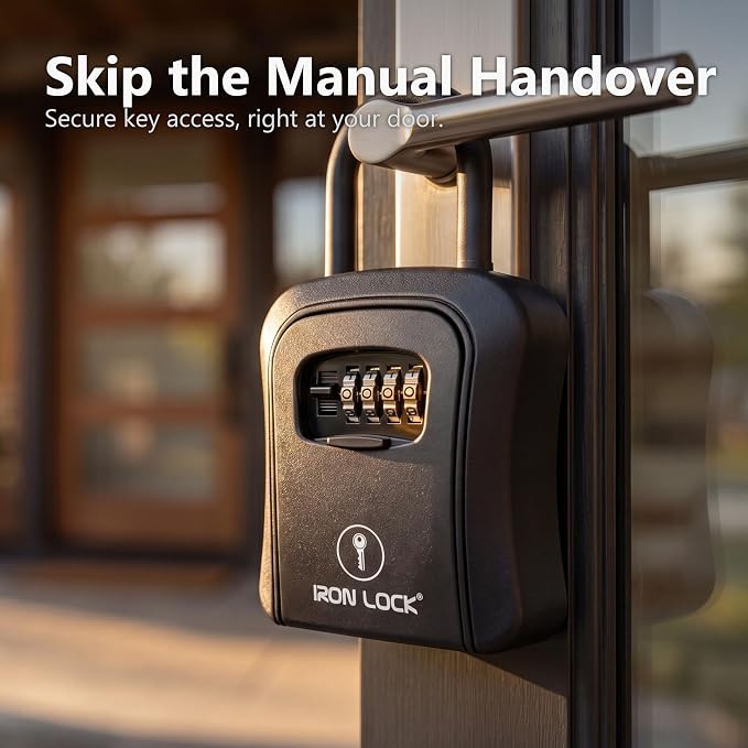 Iron Lock® Medium Key Lock Box with Code, U-Shackle Opens Fully Out (Black) | Built-in key hooks + catch tray; hangs on handles, gates, fences or a hasp; wall-mountable; dial cover; no batteries