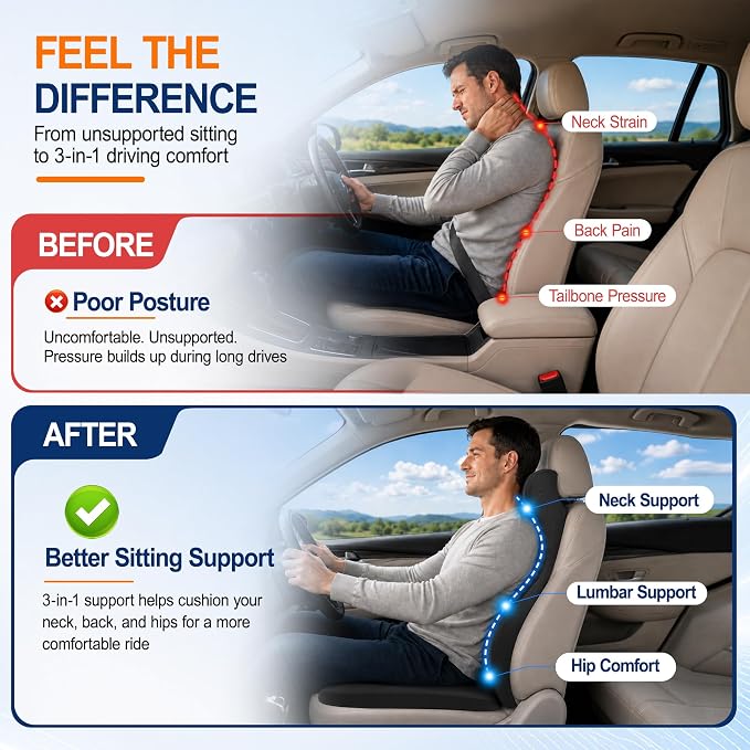 Allaboutsla 2 Piece Car Seat Cushion, Back Support with Car Headrest Pillow | 3-in-1 Memory Foam Car Seat Cushions, Car Lumbar Support with Car Neck Pillow, Seat Support for Long Driving, Trucks, Black