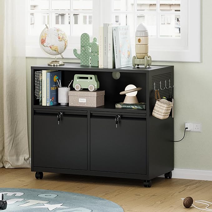Mobile 2 Drawer File Cabinet with Lock, Metal Lateral Printer Stand Filing Storage Cabinets with Shelves for Home Office-A4/F4/Letter (Black)