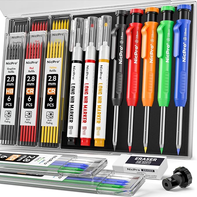 Nicpro CP1000 Carpenter Pencils with Sharpener, 5 Pack | Construction Mechanical Pencil + 53 Refills, 3 Pcs Long Nib Marker Pens for Marking, Heavy Duty Carpenter Tools, Comfort Grip