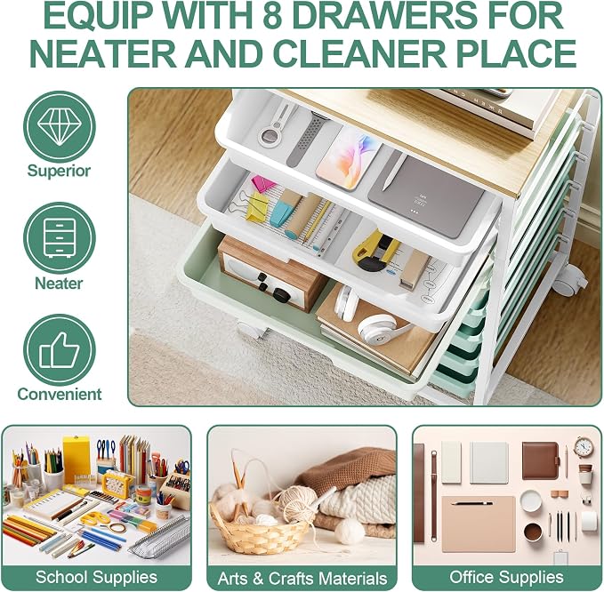 Storage Cart with 8 Drawers, Utility Cart with White Drawers and Wooden Tabletop, Craft Cart, Teacher Organization for Classroom, Storage Furniture, Office Organization, Green | Utility Cart on Wheels with Wooden Tabletop,Teacher Organization for Class...