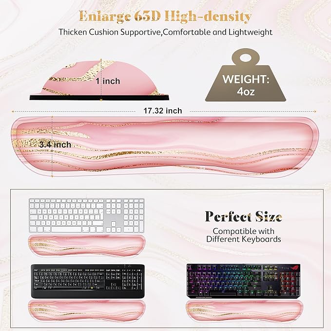 Gimars 63D High-Density Thicken Memory Foam Keyboard Wrist Rest, 17.3'' Extended Ergonomic Wrist Rest with Anti-Slip Rubber Base for Typing Pain Relief, Office, Gaming, Computer, Laptop, Pink Golden