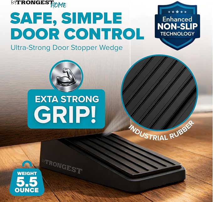 STRONGEST HOME Stoppers for Bottom of Door – Heavy Duty Metal Rubber Door Stopper, Non-Slip Door Stop for Heavy Doors, Works on Wood, Tile & Carpet Floors Wedge Black 4 PCs + 4 White Wall Protectors
