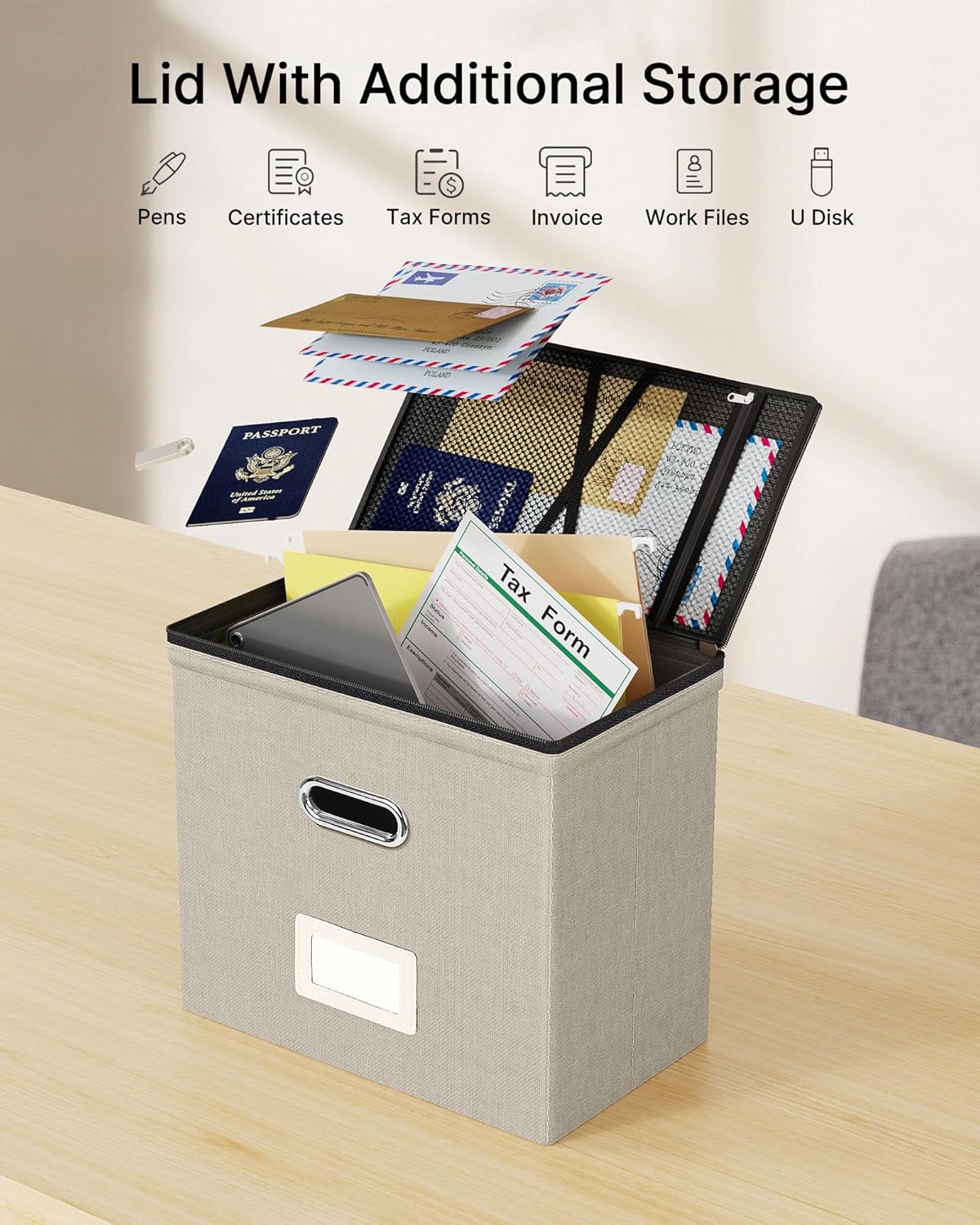 Oterri File Organizer Boxes with Lids, File Box with Mesh Pockets, Document Organizer Box for Letter Size Folders, Zippers Important Document Organizer (Beige, Small-1 Pack Without Folders)