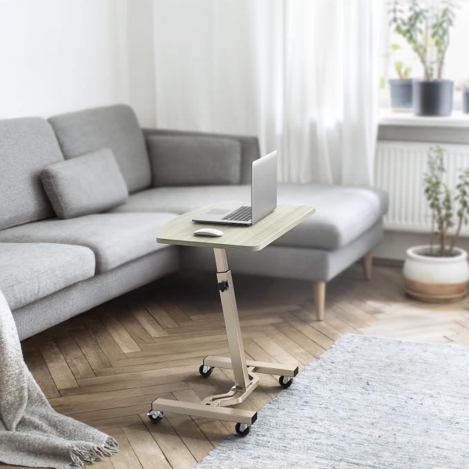 SHW Mobile Height Adjustable Laptop Rolling Cart w/Lockable Wheels, Maple | Height Adjustable from 28" to 33"