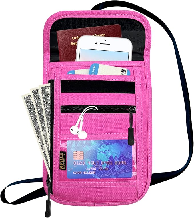 RFID Blocking Travel Neck Wallet Pouch and Passport Holder, Travel Neck Pouch Passport Holder for Women & Men - Rose