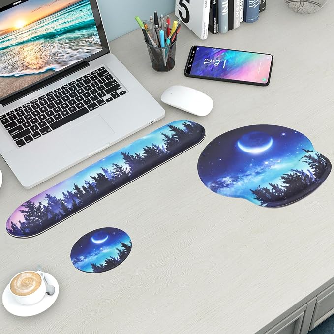 Mouse Pad and Keyboard Wrist Rest Support,Ergonomic Mouse Pad Set | Mousepad With Coaster and Non-Slip PU Base,Pain Relief for Desk Desktop Gaming, Computer,Office -Beach