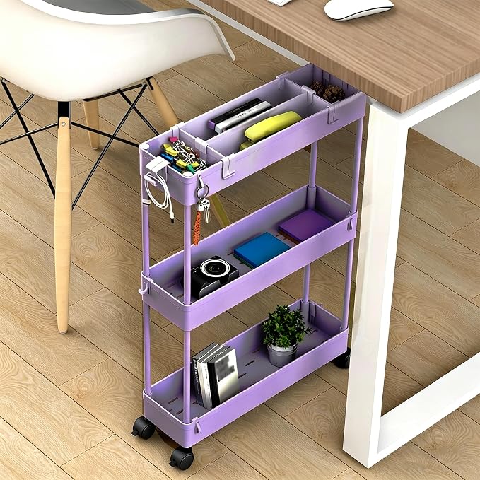 2-piece Set Slim Storage Cart 3 Tier,Bathroom Organizer Rolling Utility,Mobile Shelving Unit Slide Out for Office, Kitchen, Laundry Room & Narrow Places