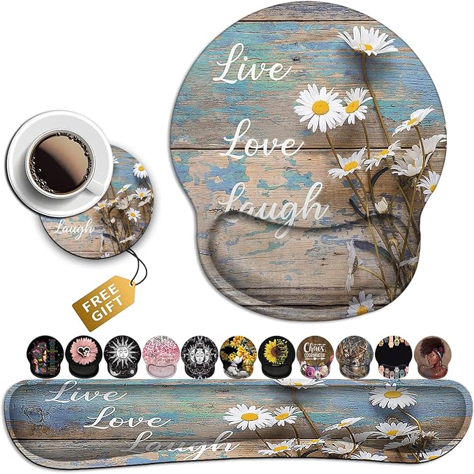 Mouse Pad for Women, Ergonomic Gel Mouse Pad, Keyboard Wrist Rest Relieves Fatigue, White Daisy Flowers on Wooden, Non-Slip and Durable, Memory Foam Keyboard Wrist Rest, for Office Typing