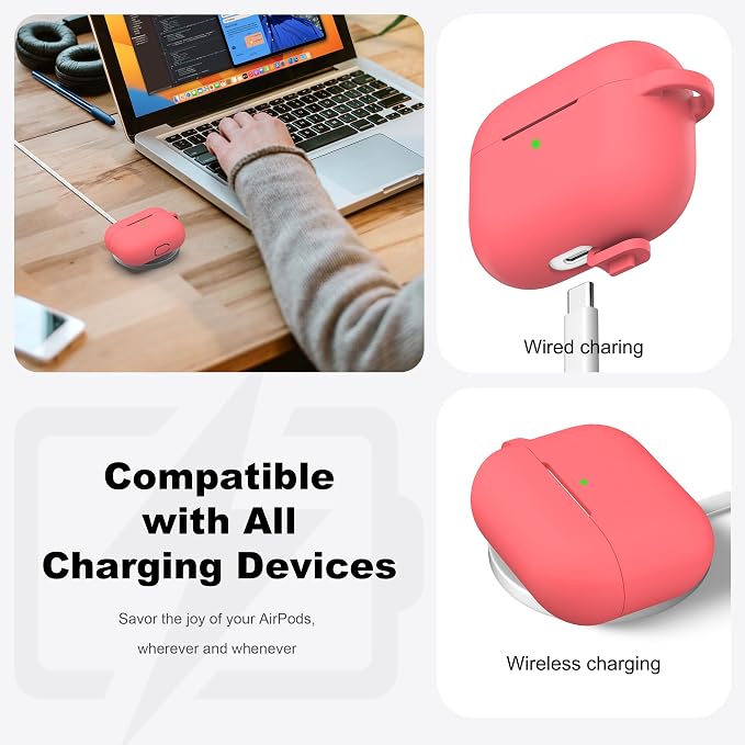 R-fun for AirPods Pro 2 Case, Soft Silicone Protective Cover with Keychain and Cleaning Pen, Compatible with AirPods Pro 2nd/1st Generation, Supports Wireless Charging, Pink Peach