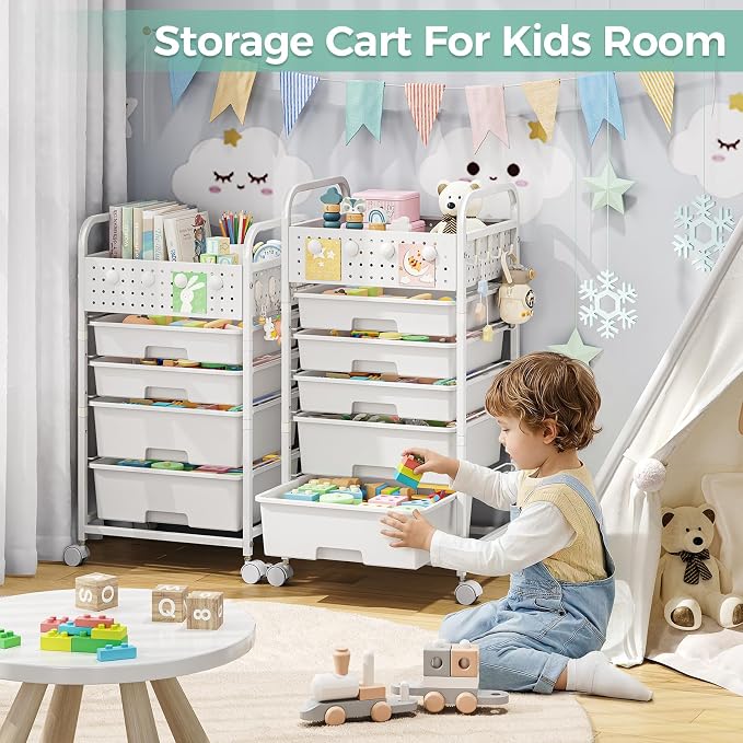 SYKIARIOL 4 Drawer Rolling Storage Cart with Pegboard Top and Hooks, White | Mobile Organizer Cart with Wheels for Office Supplies, Craft Storage, Classroom Organization, Home Utility Cart