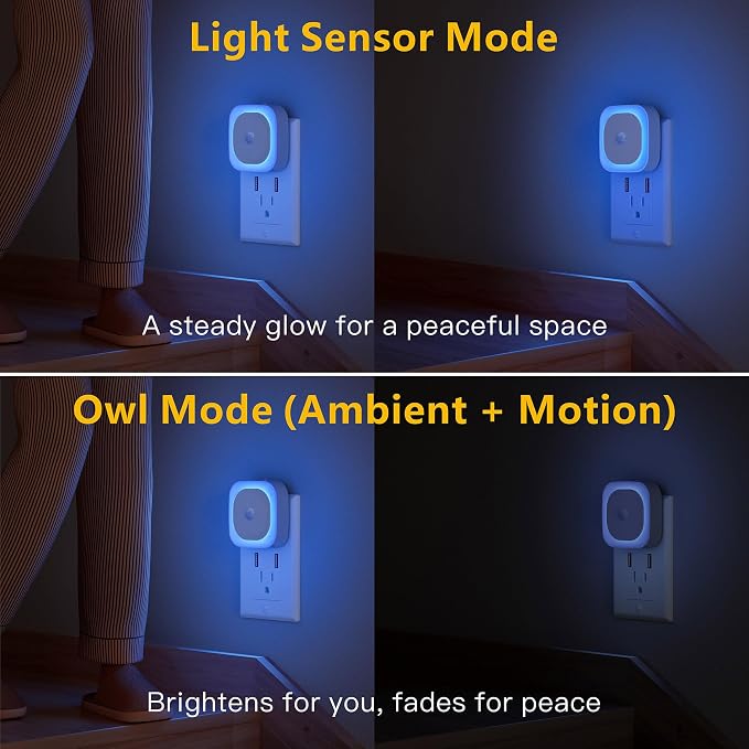 YUNLEX 2 Pack Plug in Night Light with Motion Sensor & Dusk to Dawn Sensor, 3 in 1, Auto ON/Off, Dimmable, Night Lights Plug into Wall for Bathroom, Kitchen, Light Blue