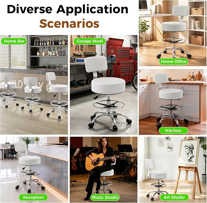 Office Drafting Chair with Footrest, Tall Height Adjustable Stool with Back Support, Heavy Duty Rolling Stool Chair with Wheels for Office Home Kitchen Bar Shop Guitar Studio Vanity, Gray