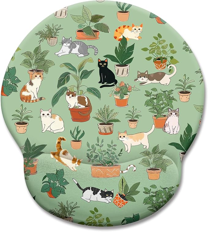 LIMKRIAN Cat Ergonomic Mouse Pad with Wrist Rest, Green Computer Mouse Pad | Non-Slip PU Base, Smooth Surface, Cooling Gel Eases Wrist Pain, Comfort Wrist Support, Cute Office Desk Accessories Decor