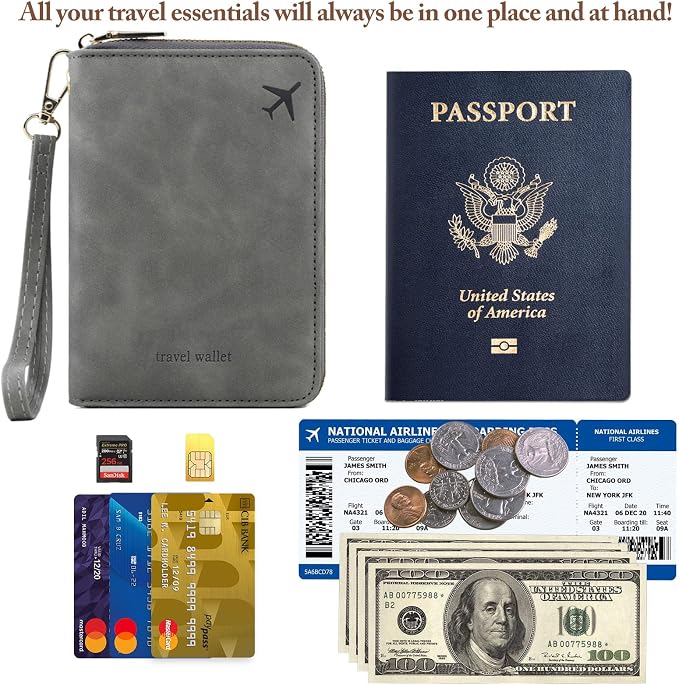 Family Passport Holder for Travel Women and Men RFID Blocking Passport Holder with Zipper Multi-functional Passport Wallet Passport Case Passport cover Travel Essentials