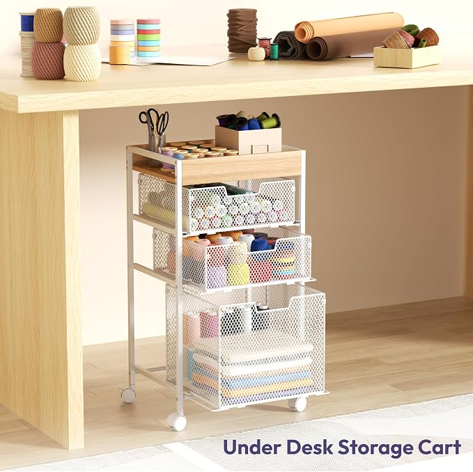 SWTYMIKI Rolling File Cart with Drawers - 4 Tier Under Desk Storage Craft Rolling Organizer Cart - Office Storage &Organization, Mobile Metal Filing Cabinet for Office and Home White
