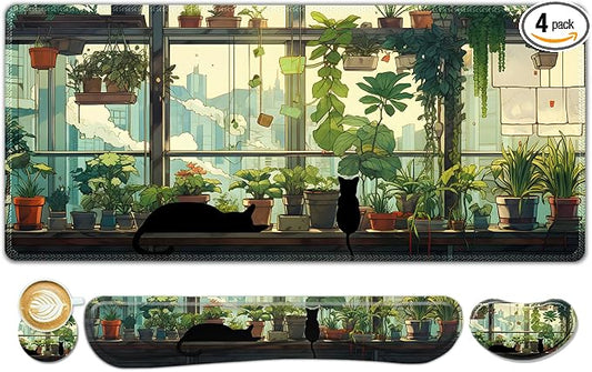 ToLuLu Extended Gaming Mouse Pad, Memory Foam Keyboard Mouse Wrist Rest Set | Large Desk Mat with Stitched Edges, Non-Slip Base Ergonomic Support Mousepad Home office, Cute Green Japanese Kawaii Cat