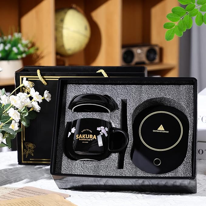 Honeydak Coffee Mug Warmer Cute Cat Mug Set Cup Warmer for Women Heated Coffee Warmers for Mom Home Office Desk Valentine's Day Anniversary Birthday Gifts(Sakura,Black)