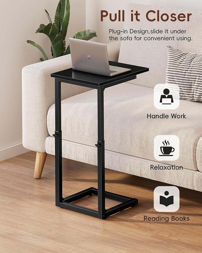 C-Shaped End Table for Couch, 33" Tall C Table Adjustable Height Side Table, Couch Side Tables with Metal Frame Slide Under Sofa, Sofa Table TV Tray for Living Room, Bedroom, Bedside, Black
