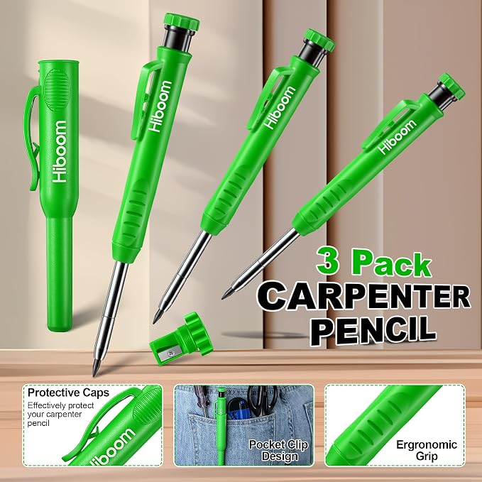 Hiboom 3 Pack Carpenter Pencil with 24 Refills Built In Sharpener,Green | Concrete Wood Metal, Deep Marking, Multi-Color Refills, 2.8mm Lead, Construction Work, Waterproof, Carpenter Builder DIY