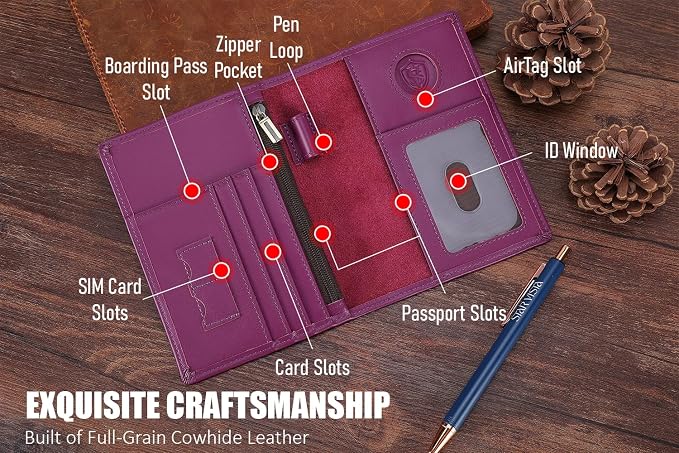 STAR VISTA Phoenix Leather Passport Holder, Calfskin Leather Travel Wallet - RFID Blocking, ID Window, Zipper Pocket, Pen & Notebook Included, AirTag Holder, Violet