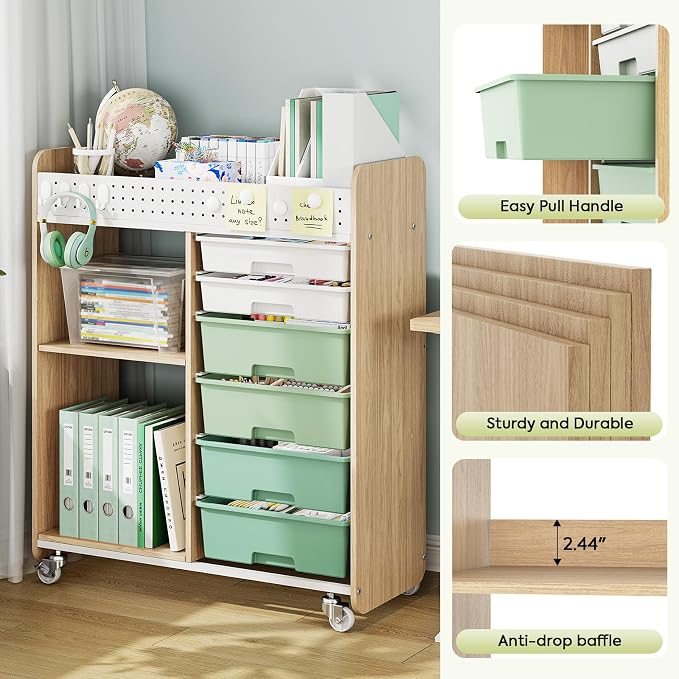 Rolling Craft Cart with 6 Drawers, Pegboard and Locking Wheels Green | Ample multi-zone storage, 2 open shelves, art cart for classrooms, homeschool and offices, sturdy wood-metal frame