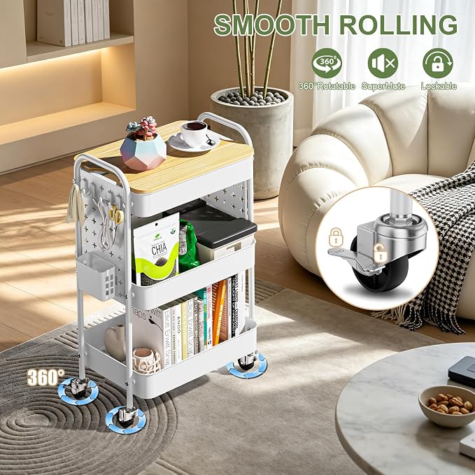 3 Tier Rolling Cart with Table top, Metal Utility Cart with DIY Pegboard | Sturdy Storage Organizer Cart with Locking Wheels,Hooks& Cups for Office, Classroom, Kitchen and Bathroom, White