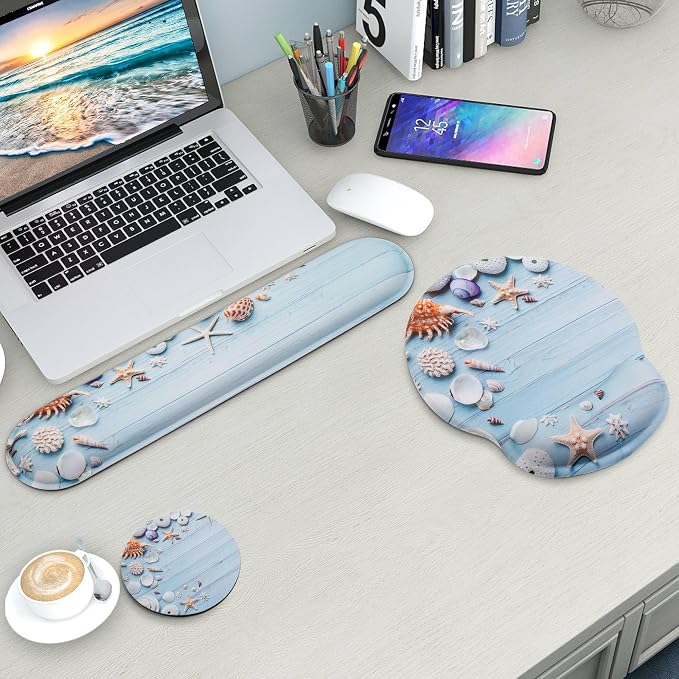 Mouse Pad and Keyboard Wrist Rest Support,Ergonomic Mouse Pad Set | Mousepad With Coaster and Non-Slip PU Base,Pain Relief for Desk Desktop Gaming, Computer,Office -Beach