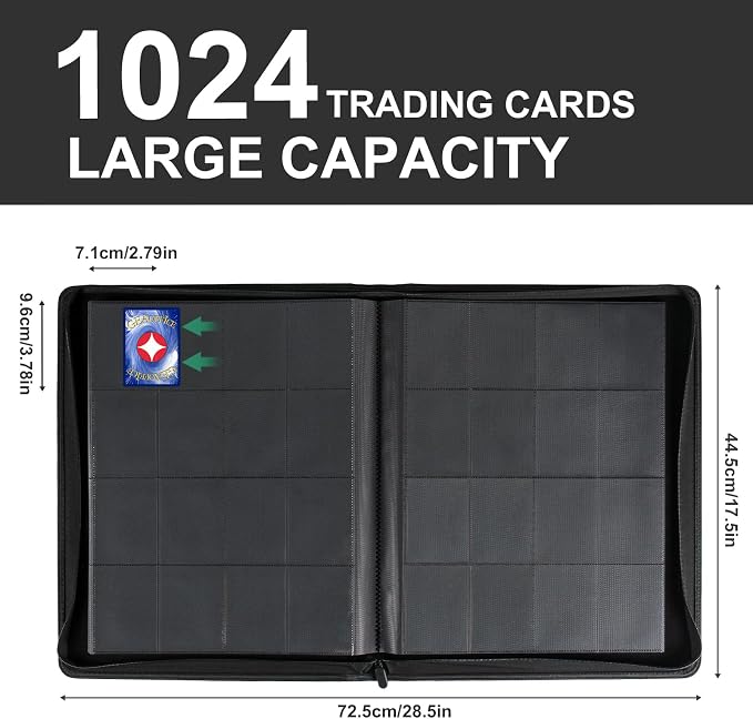 GEAoffice 16 Pocket Trading Card Binder for 1000+ Cards, Ringless Side-Loading 4x4 Card Binder with Zipper Closure, PU Leather 1024 Card Binder for MTG/TCG/Baseball/Sports&Game Cards, Black