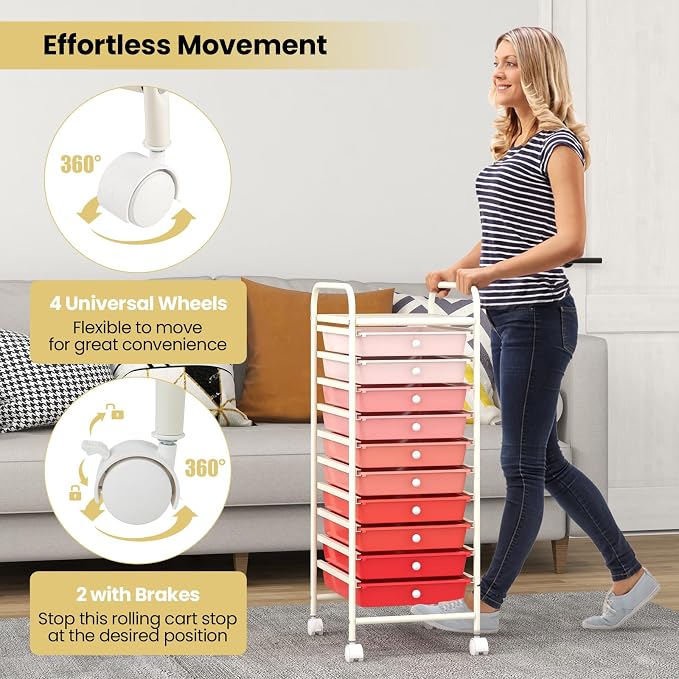 COSTWAY 10-Drawer Rolling Storage Cart, Utility Mobile Trolley | Removable Drawers & Universal Casters & 2 Brakes, Versatile Flexible Drawer Organizer Cart for Home, Office (Mixed Pink)