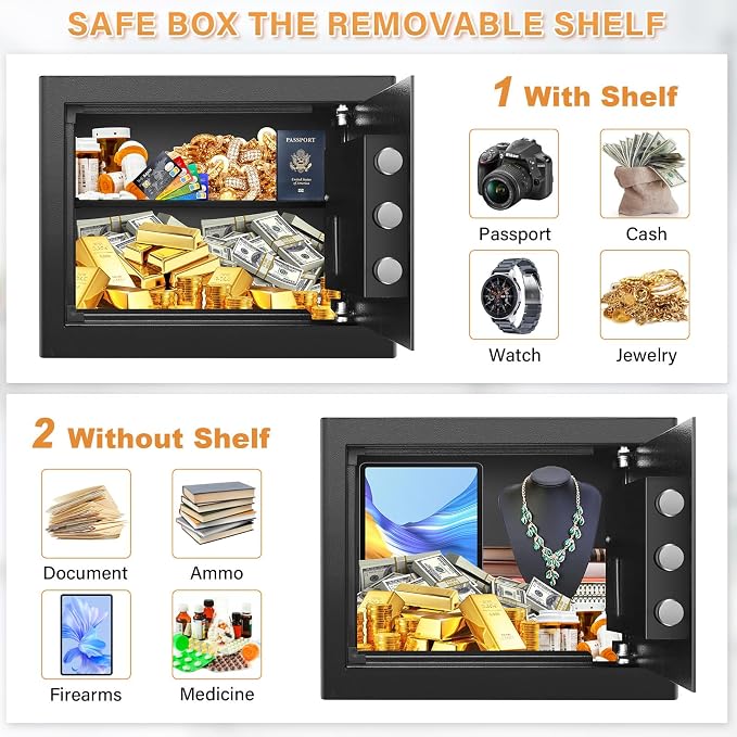 Small Safe for Home, Mini Safe Box for College Dorm Room | 9.8''Dx13.8''Wx9.8''H, Alarm System, LED Light, Wall/Floor Mountable Hidden Safes for Cash, Jewelry, Medicine