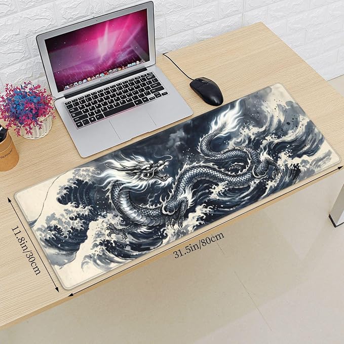Dragon Wave Gaming Mouse Pad Large Extended Desk Mat Non-Slip Rubber Base Keyboard Pad with Stitched Edges for Office Gaming 31.5x11.8 in