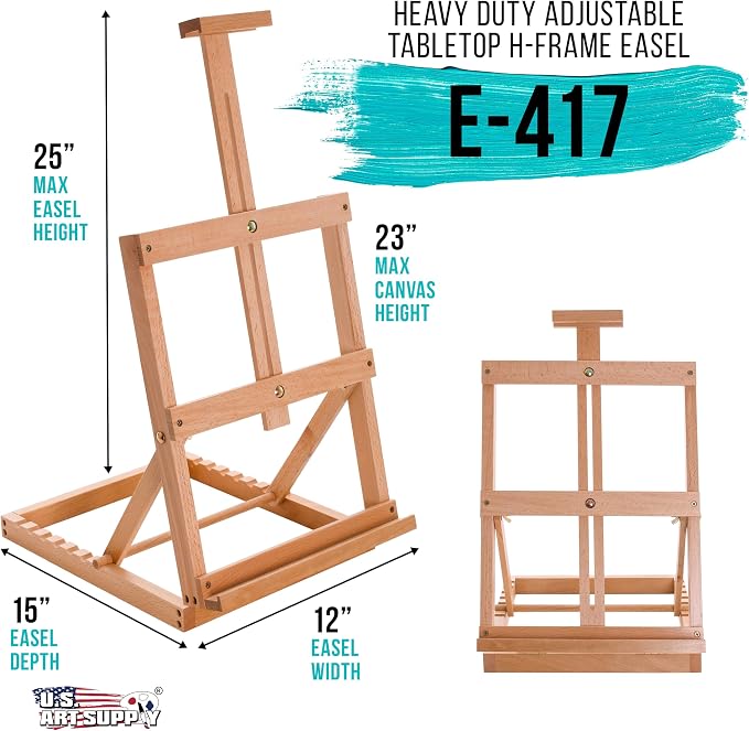 U.S. Art Supply Venice Heavy Duty H-Frame Tabletop Easel - Artist Studio Desktop Drawing Table, Portable Drafting Table, Adjustable Art Board, Tabletop Easel for Painting, Holds Up to 23" Canvas