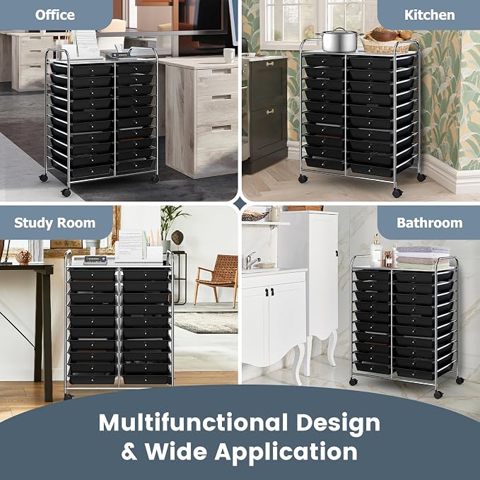 RELAX4LIFE 20 Drawer Rolling Storage Cart, Mobile Rolling Cart w/Drawers for School Classroom Teacher Office Home Salon, Paper File Art Supply Craft Organizer, Utility Cart on Wheels (Black)