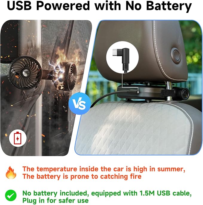 ViSSKO 2026 Car Fan for Backseat, USB Invisible Car Headrest Cooling Fan for Kids Replace Ventilated Seats with 3 Speeds Fit in Most Cars Vehicle Jeep Van RV Truck
