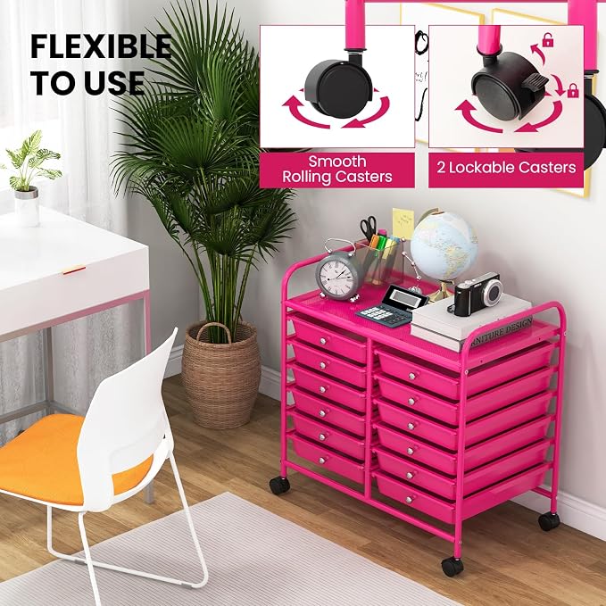 COSTWAY 12-Drawer Rolling Storage Cart, Utility Storage Organizer Cart | For Tools, Scrapbook, Paper, Craft, Multipurpose Art Supply Organizer on Wheels for Home Office School, Teacher, Hot Pink