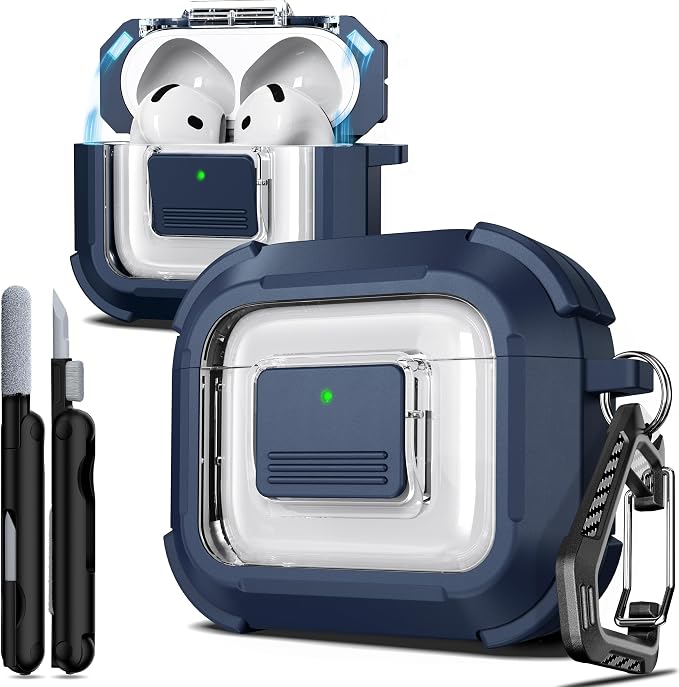 R-FUN for AirPods 4 Case with Lock Magnetic Lid MagSafe, Blue | Compatible with Apple AirPods 4th Generation Protective Case with Cleaner Kit & Carabiner, Powerful Drop Protection