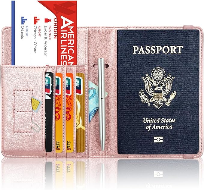 ACdream Passport Holder Cover, Leather Travel Wallet Case, RFID Blocking Document Organizer Protecrtor, with Slots for Credit Cards, Boarding Pass, for Women and Men, Rose Gold