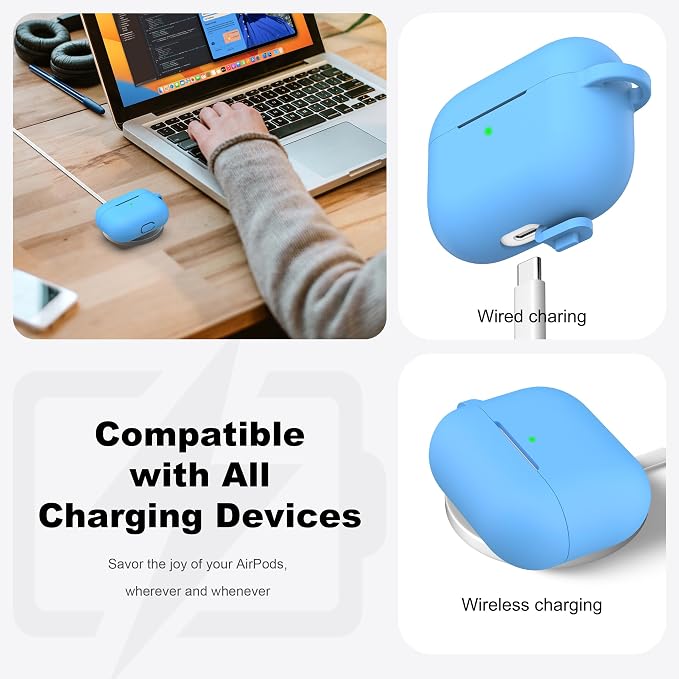 R-fun for AirPods Pro 2 Case, Soft Silicone Protective Cover with Keychain and Cleaning Pen, Compatible with AirPods Pro 2nd/1st Generation, Supports Wireless Charging, Light Blue
