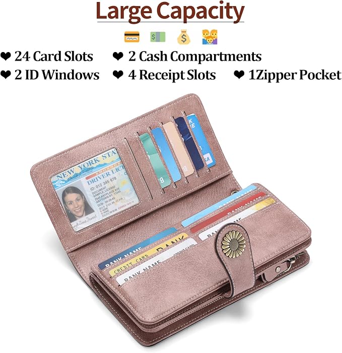 SENDEFN Wallets for Women Leather Credit Card Holder with RFID Blocking Large Capacity Wristlet | with RFID Blocking