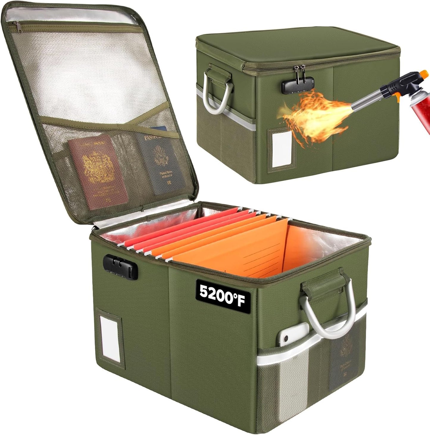 TOMKID 5200°F Fireproof Document Box, Fire Important Document Organizer with Lock, Upgraded Heat Insulated Filing Storage Cabinet Office Organization (5200°F Fireproof Box, Green)