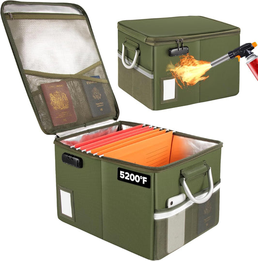 TOMKID 5200°F Fireproof Document Box, Fire Important Document Organizer with Lock, Upgraded Heat Insulated Filing Storage Cabinet Office Organization (5200°F Fireproof Box, Green)