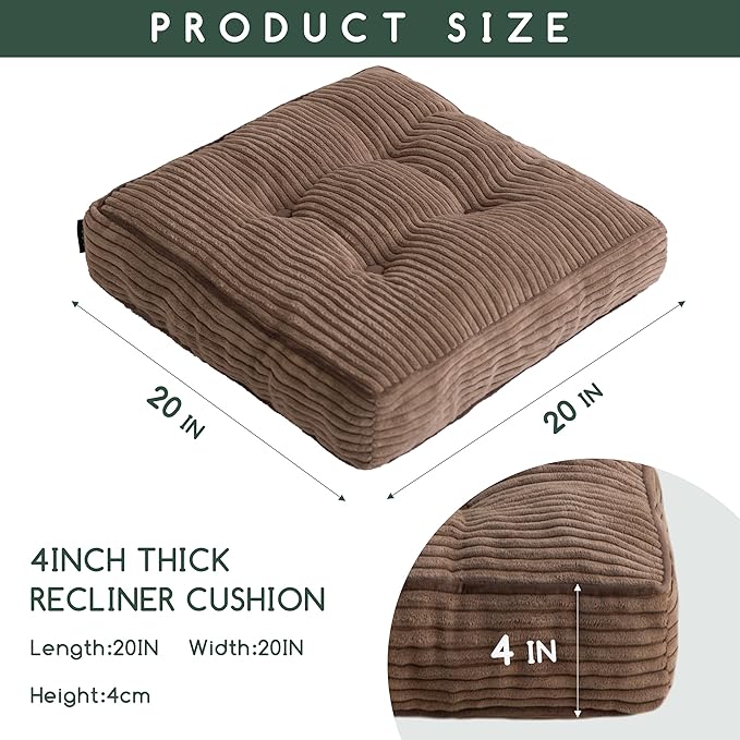 Tufted Corduroy Recliner Seat Cushion for Elderly, High Density Foam Large Square Seat Cushion for Recliner Chair, Floor Pillow, Office Chair, Car, No Pressure on Thighs, 20x20x4