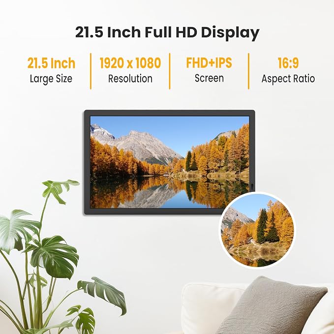 FANGOR 21.5" Large Digital Picture Frame 64GB, WiFi Photo Frame 1920x1080 FHD IPS Display with Remote Control, Auto-Rotate, Wall Mounted, Share Photos/Videos Via Uhale App/USB/SD (No Touch Screen)