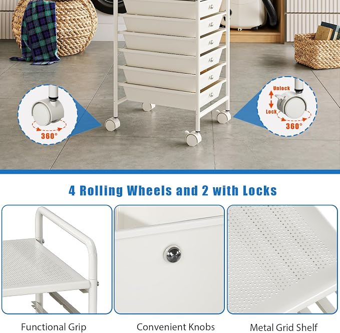 Rolling Storage Cart with Drawers 6-Tier Lock Wheels Office White | Utility Cart with 6 Drawers & 2 Lockable Caster, Multipurpose Mobile Drawer Cart for School Bathroom Kitchen