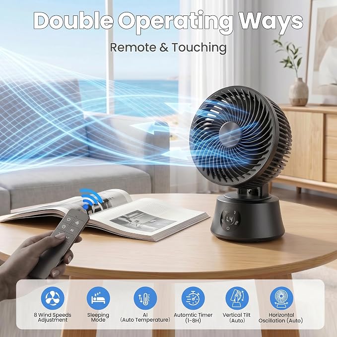 Portable Air Circulator Fan for Bedroom, 13 Inch Automatic 90°+90° Oscillating Fan with 25db Quiet, Remote & Temperature Control, 8 Speeds/Timer, Aroma for Office, Home, Black